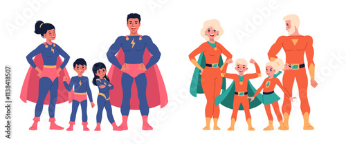 Superhero parents with children. Families in matching suits, flowing capes and tight jumpsuits, smiling superpower holders, heroic man woman and kids cartoon flat isolated vector concept