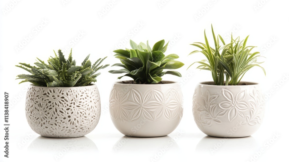 Fototapeta premium Three Potted Plants in Decorative Ceramic Pots
