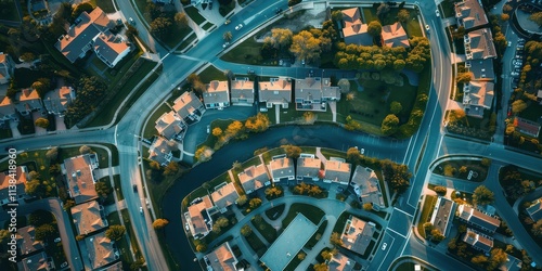 Aerial View of a Suburb: Houses, Roads, and Greenery in a Residential Community photo