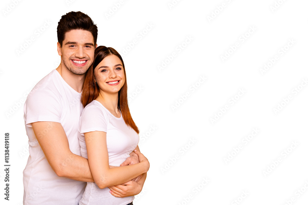 Profile side view portrait of two nice attractive lovely sweet charming cheerful cheery people enjoying spending time isolated over vivid shine bright yellow background Profile side view portrait of two nice attractive lovely sweet charming cheerful cheery people enjoying spending time isolated over vivid shine bright yellow background