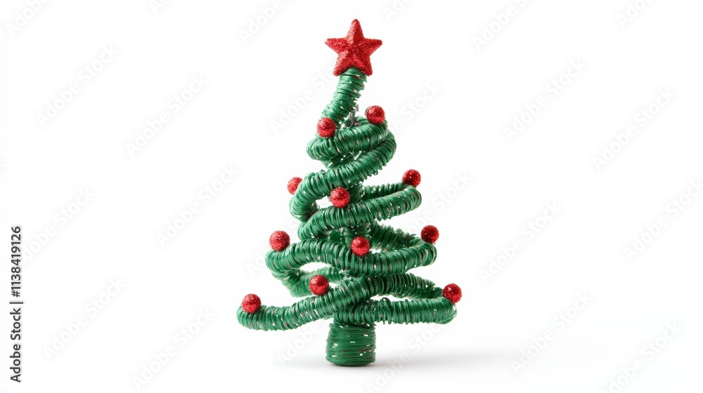 A festive green Christmas tree icon crafted from pipe cleaners, adorned with red details, isolated on white A festive green Christmas tree icon crafted from pipe cleaners, adorned with red details, isolated on white
