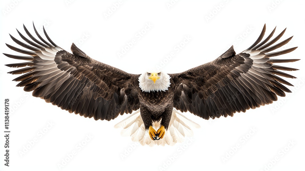 Obraz premium A majestic eagle spreads its wings, showcasing intricate feathers and a powerful presence against a light background.