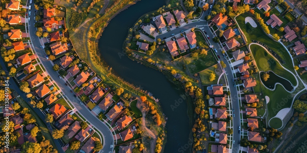 Aerial View of Upscale Suburban Neighborhood with River and Golf Course. Luxury Homes and Tranquil Landscape. Real Estate Photography Aerial View of Upscale Suburban Neighborhood with River and Golf Course. Luxury Homes and Tranquil Landscape. Real Estate Photography