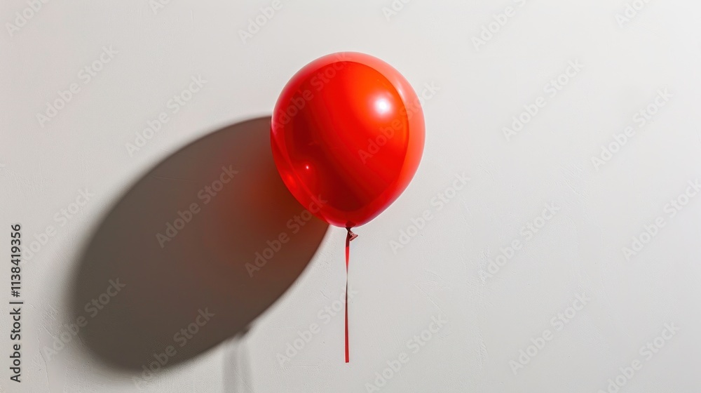 Single red balloon against a white wall casting a shadow.