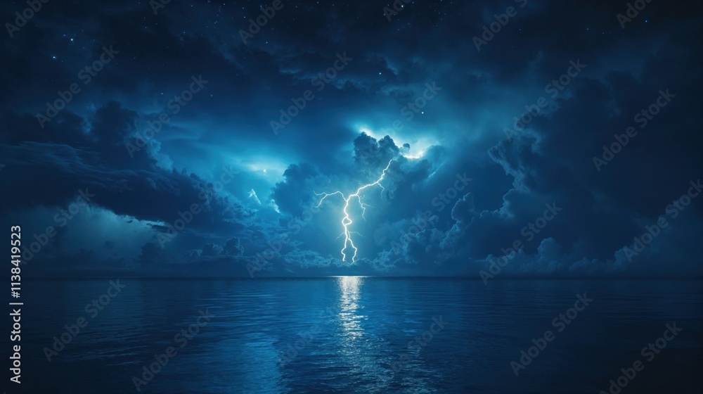 Dramatic lightning strike illuminating dark storm clouds over a calm ocean, creating a breathtaking and moody seascape Dramatic lightning strike illuminating dark storm clouds over a calm ocean, creating a breathtaking and moody seascape