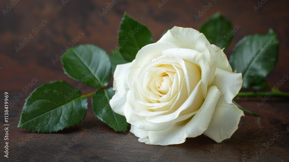 Single off-white rose with green leaves on dark background. Single off-white rose with green leaves on dark background.