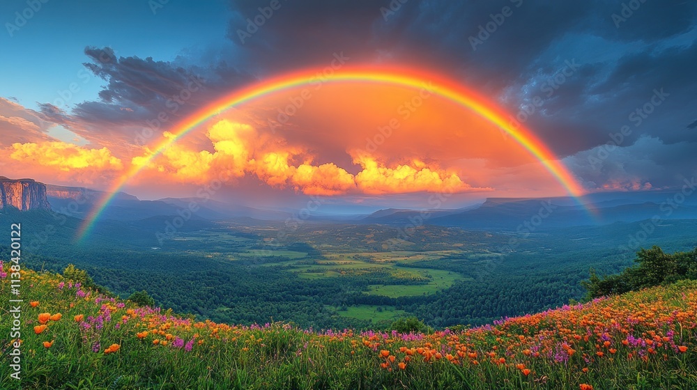 A vibrant rainbow arcs over a lush valley filled with colorful wildflowers and dramatic clouds. A vibrant rainbow arcs over a lush valley filled with colorful wildflowers and dramatic clouds.