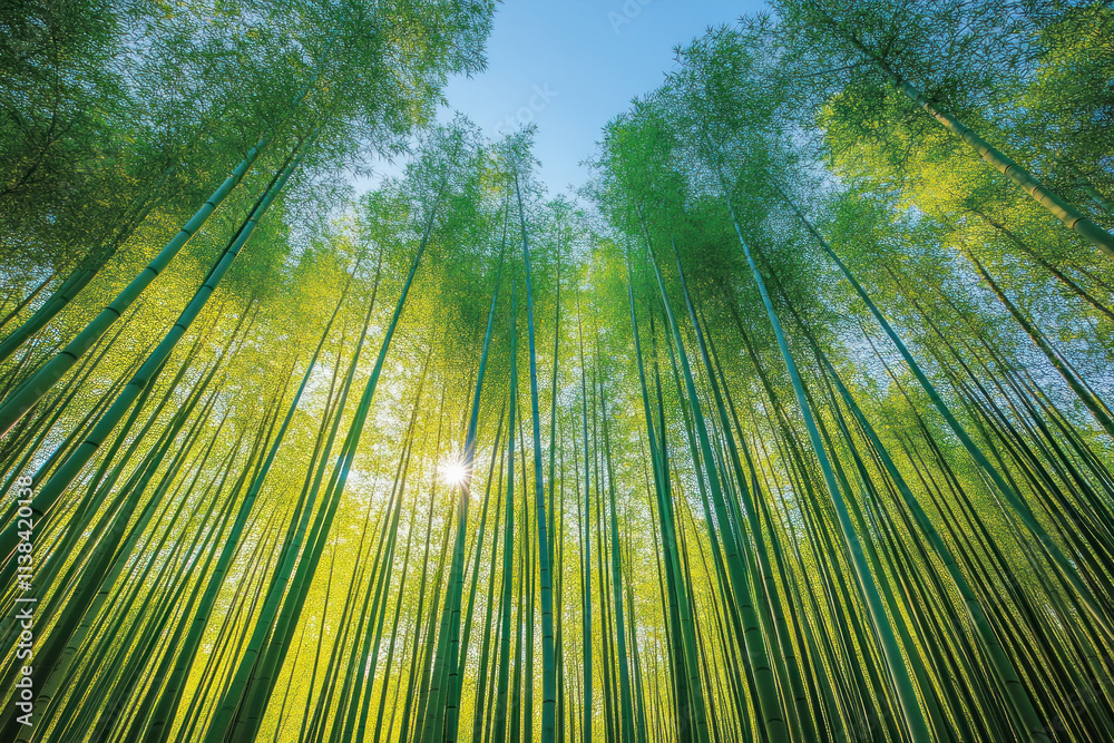 Fototapeta premium Tall, sunlit bamboo forest reaches skyward.