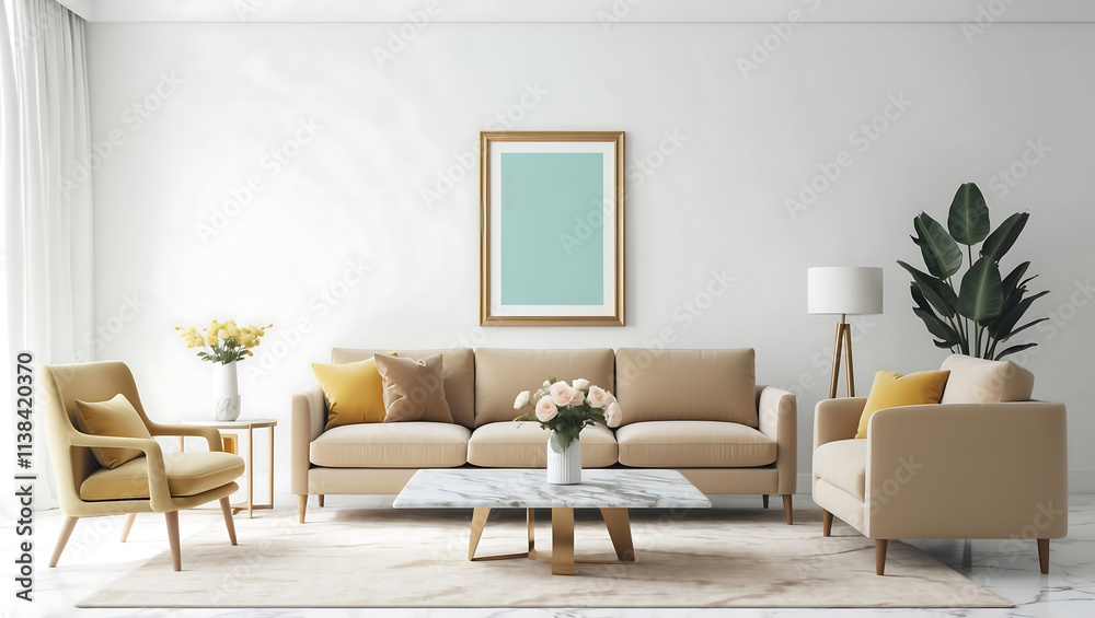 Fototapeta premium Brown sofa and marble coffee table in living room with photo frame on the wall. A modern, minimalist interior with a large sofa.
