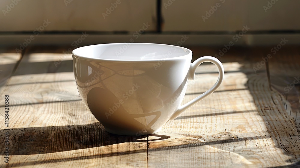 Empty white mug on rustic wooden table in sunlight. (1) Empty white mug on rustic wooden table in sunlight. (1)