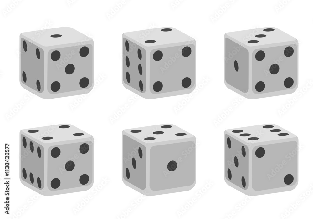Black dice with white dots. Vector set isolated on white background. 3d dice. Black dice with white dots. Vector set isolated on white background. 3d dice.