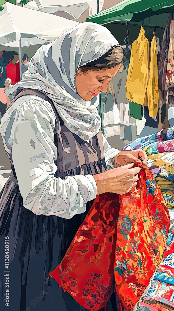 Fototapeta premium Woman at Market Examining Vibrant Fabric