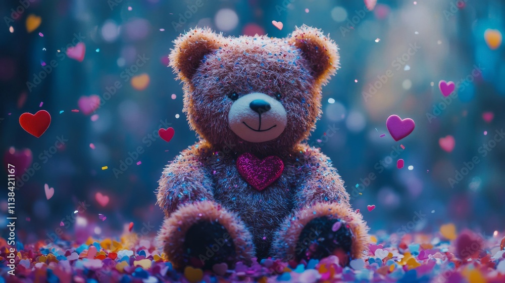 A sparkly teddy bear sits amidst falling hearts A sparkly teddy bear sits amidst falling hearts