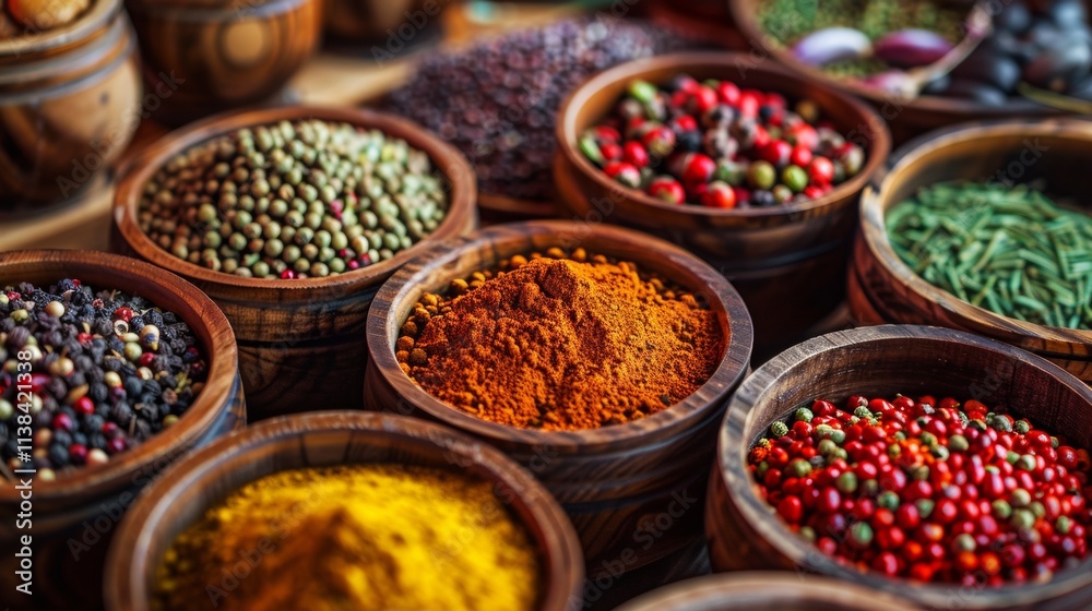 Bowls of spices and herbs in a vibrant market setting