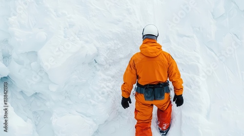 A snowboarder preparing safety measures before descending an avalancheprone slope, symbolizing thrill and preparation photo