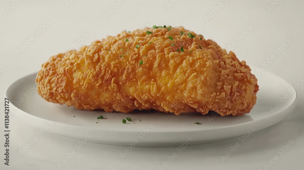 Crispy fried fish fillet on a white plate, garnished with parsley. Crispy fried fish fillet on a white plate, garnished with parsley.
