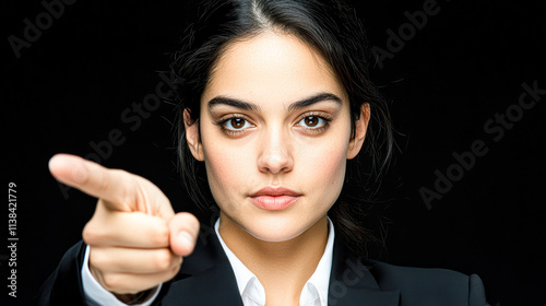 A woman in a business suit pointing to something