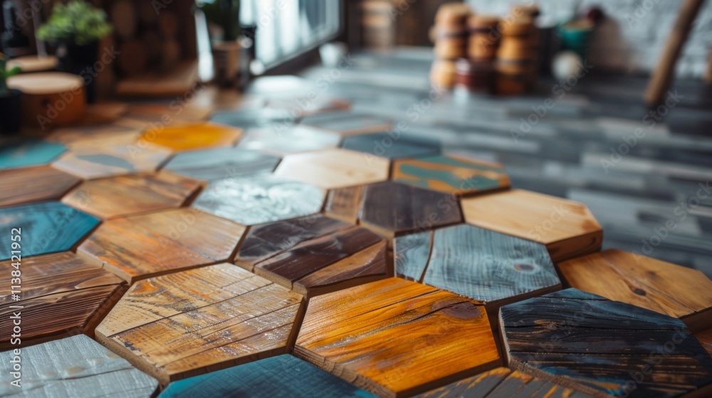 Wooden hexagonal tiles in a rustic arrangement Wooden hexagonal tiles in a rustic arrangement