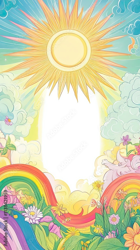 Naklejka premium Bright Sun Shining Over Rainbow and Flowers