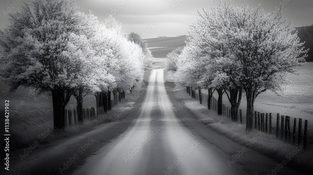 34. A picturesque country road lined with flowering trees in soft black and white tones 34. A picturesque country road lined with flowering trees in soft black and white tones