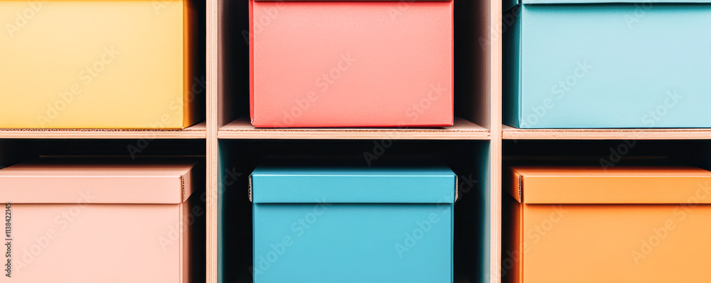 Fototapeta premium A row of colorful boxes are lined up on a shelf