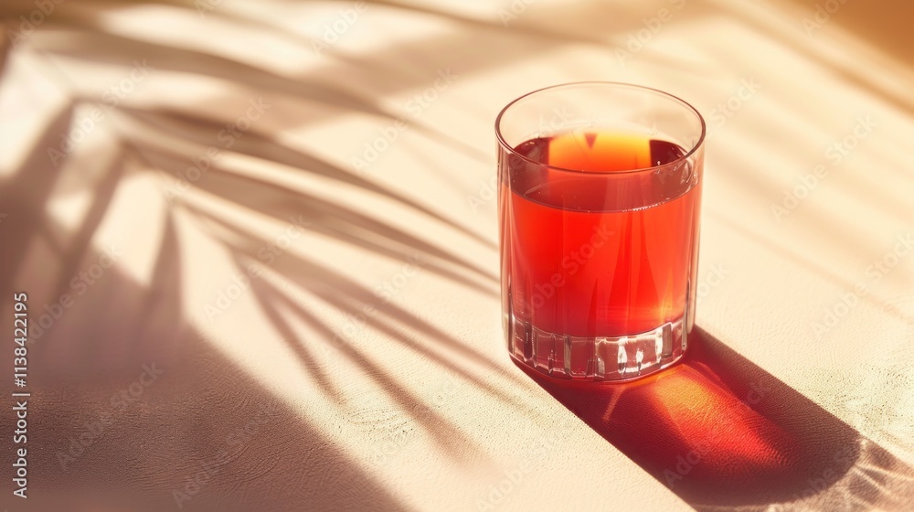 Glass of red beverage in sunlight with leaf shadow. Glass of red beverage in sunlight with leaf shadow.