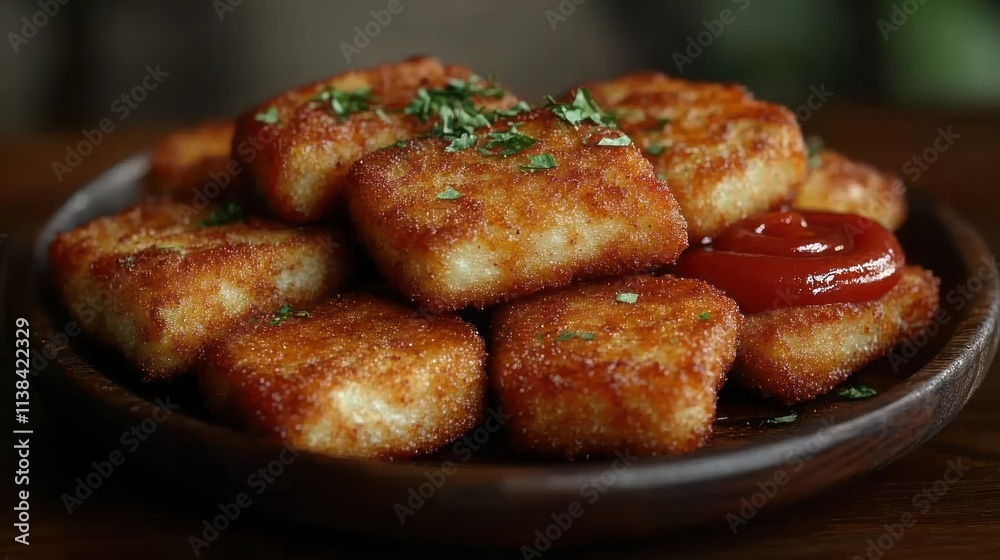 Crispy, golden-brown, square-shaped, breaded food pieces, topped with fresh parsley, served on a dark wooden plate with ketchup. Crispy, golden-brown, square-shaped, breaded food pieces, topped with fresh parsley, served on a dark wooden plate with ketchup.