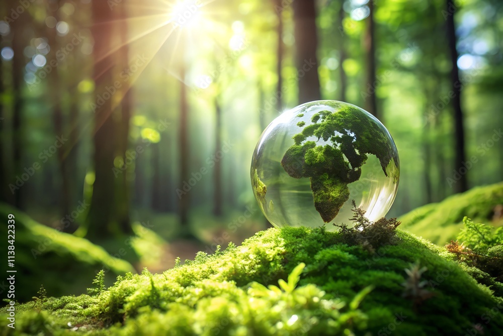 Glass Globe in Green Forest Representing Sustainability, Climate Change, and Environmental Glass Globe in Green Forest Representing Sustainability, Climate Change, and Environmental