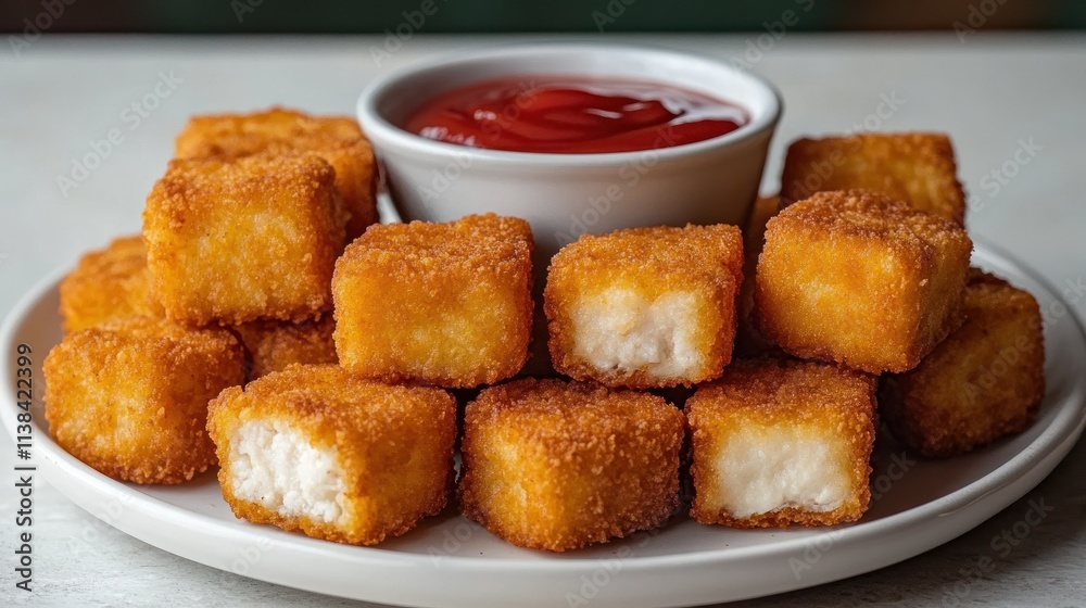 Crispy fried fish cubes with ketchup. Crispy fried fish cubes with ketchup.