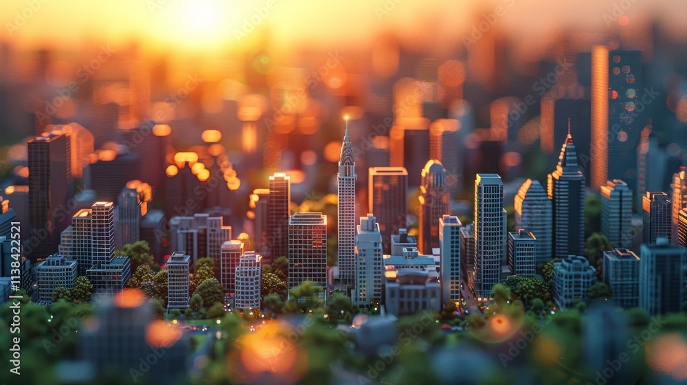 Obraz premium Sunrise over a miniature cityscape model.