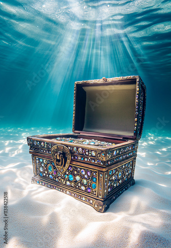 A large beautiful antique chest with precious stones and jewelry, lying on the bottom of the sea and illuminated by the sun's rays. Underwater world, treasure hunt, diving
