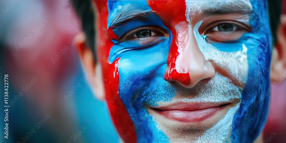 Obraz premium A close-up of a football fanâ€™s face painted in the colors of their favorite team.