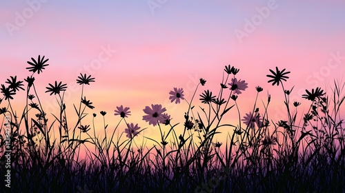 43. A serene evening scene with a silhouette of a flower garden at dusk