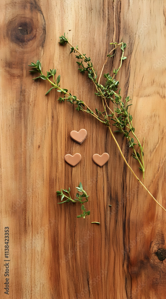 A wooden surface featuring heart-shaped items and fresh thyme, evoking a warm, culinary vibe. A wooden surface featuring heart-shaped items and fresh thyme, evoking a warm, culinary vibe.