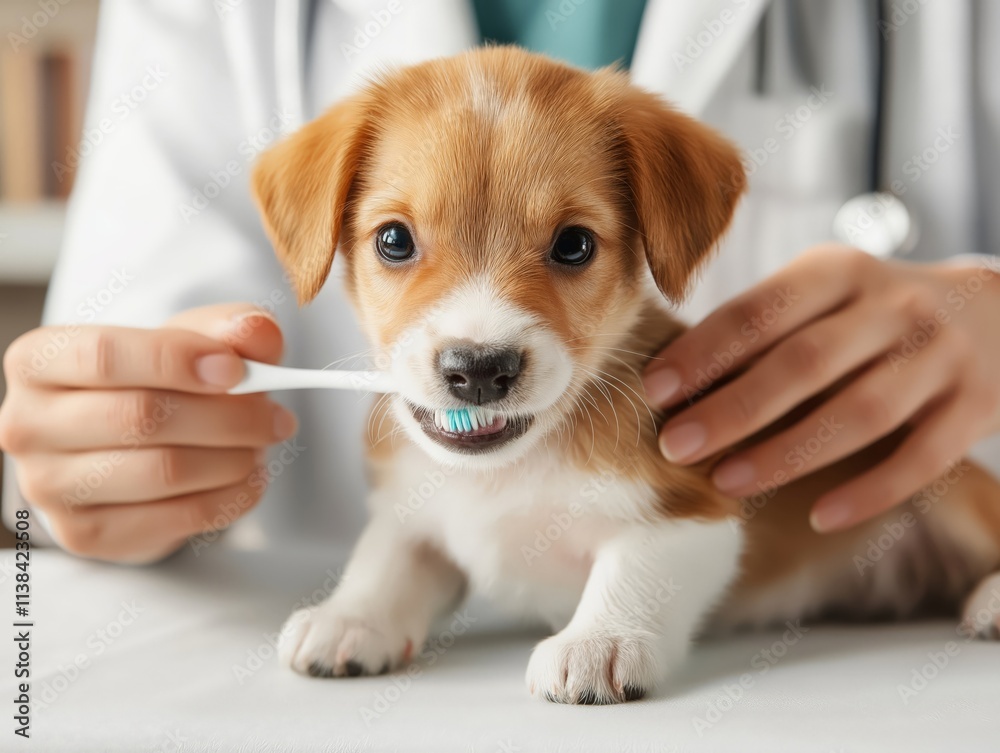 A veterinarian gently cleaning a small puppy's teeth using a toothbrush, emphasizing pet dental hygiene in a bright and caring veterinary clinic setting A veterinarian gently cleaning a small puppy's teeth using a toothbrush, emphasizing pet dental hygiene in a bright and caring veterinary clinic setting