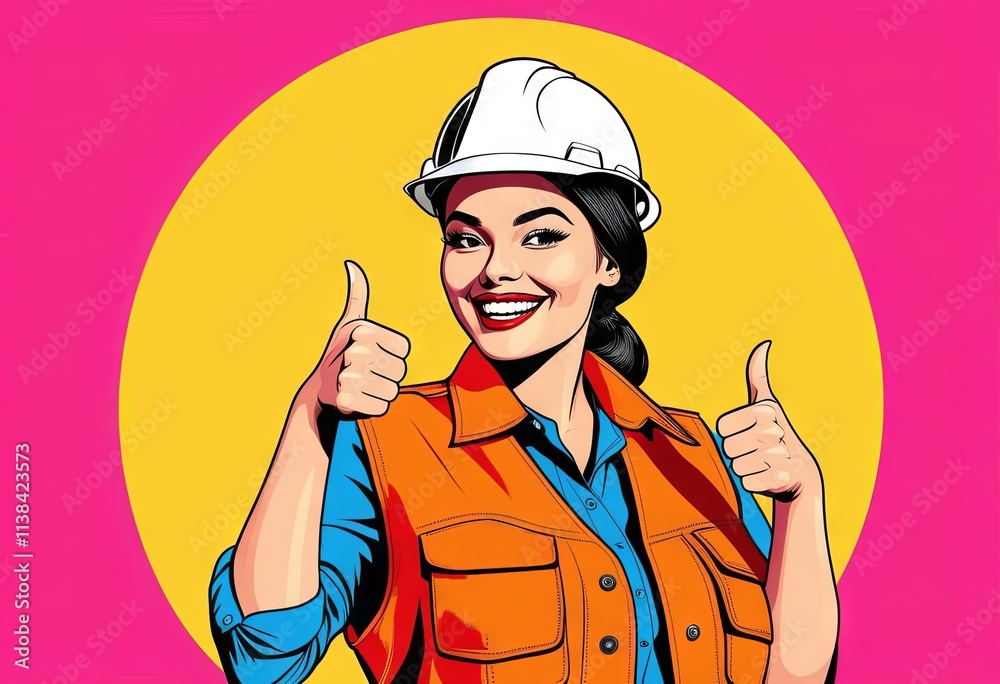 Construction worker giving thumbs up with vibrant background and hard hat in a cheerful pose Construction worker giving thumbs up with vibrant background and hard hat in a cheerful pose