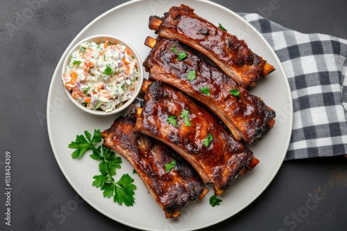 summer bbq feast, summer feast tangy bbq ribs with coleslaw on a picnic table, ready for enjoyment plenty of space for text