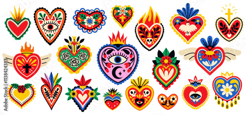 Sacred patterned hearts. Traditional mexican spiritual symbols, burning flames, colorful flowers and eyes, fire memorial signs, colorful decorative tidy vector cartoon flat isolated illustration set photo