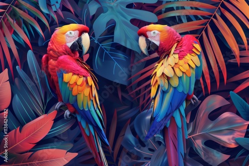 Tropical parrots surrounded by lush foliage in vivid colors, creating a vibrant and lively atmosphere, ideal for nature themed projects and designs photo