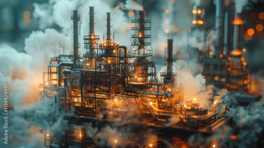 Fototapeta premium Illuminated industrial complex model shrouded in smoke.