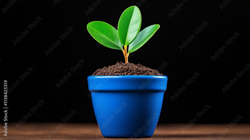 New Growth in Blue Pot: A small green plant sprouts from the soil in a blue pot, symbolizing new beginnings, growth, and potential. The dark background creates a sense of contrast.