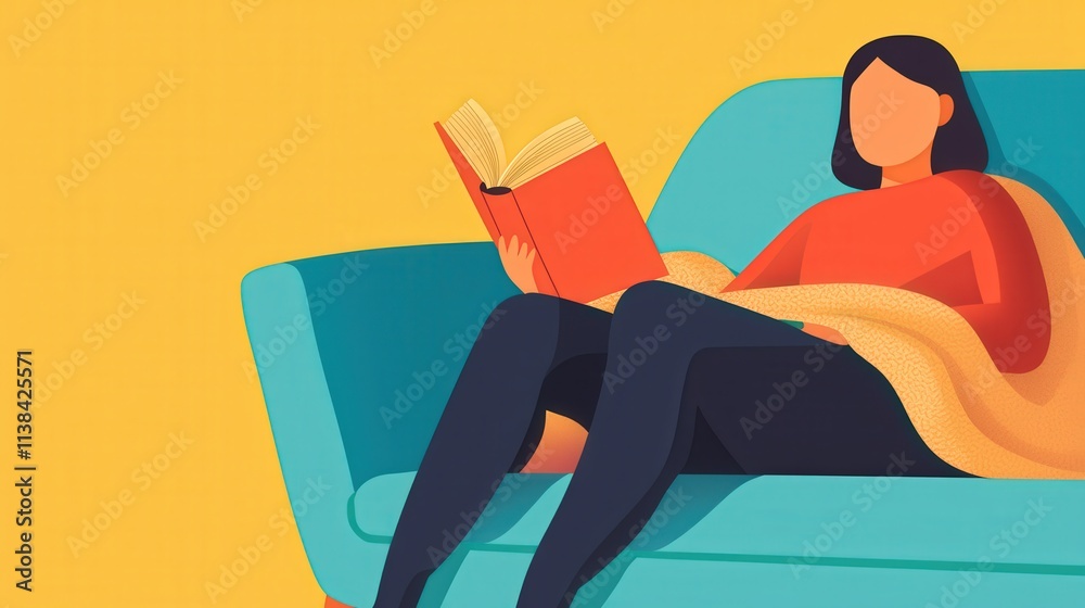 A cozy illustration of a person reading a book on a couch, wrapped in a blanket, set against a warm yellow background. A cozy illustration of a person reading a book on a couch, wrapped in a blanket, set against a warm yellow background.