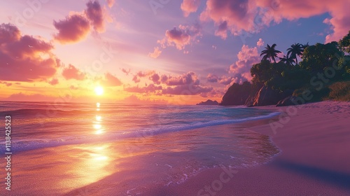 A secluded beach at sunset, with calm waves and vibrant colors filling the sky photo