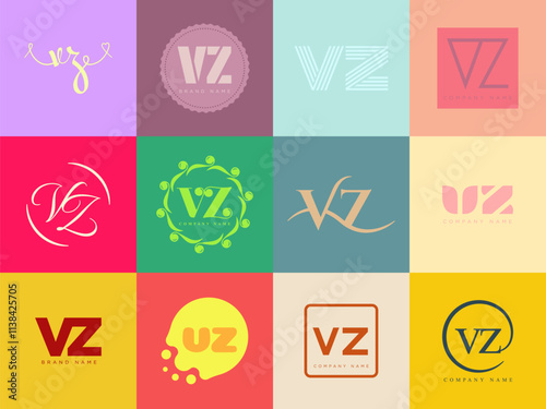 VZ logo company template. Letter v and z logotype. Set different classic serif lettering and modern bold text with design elements. Initial font typography.