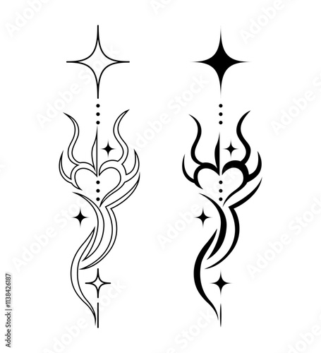 Neotribal tattoo vector illustration. Hand drawn black heart shape with stars on white background