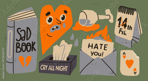 Unhappy holiday, anti Valentine's day concept. Various non romantic symbols. Spilled wine, cry tissues, hate letter, heart with tears. Hand drawn modern Vector illustration. Isolated design elements