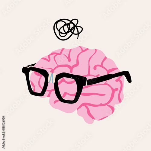 Pink Brain with nerd glasses, googles. Cartoon style. Hand drawn modern Vector illustration. Idea, mind, cognition, thinking concept. Isolated design element