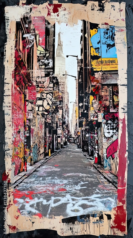 Fototapeta premium Urban Graffiti Art Street Scene Featuring Skyscraper