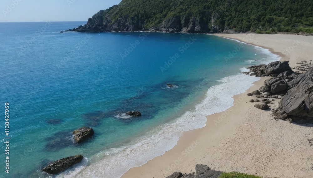 Panoramic view of the beach and sea with clear blue water, sandy shore, and distant mountains under a sunny sky, capturing a peaceful coastal landscape in Greece during summer Panoramic view of the beach and sea with clear blue water, sandy shore, and distant mountains under a sunny sky, capturing a peaceful coastal landscape in Greece during summer