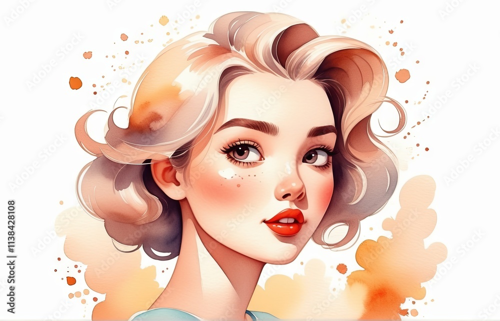 Elegant portrait of a young woman with wavy hair and striking features against a colorful abstract background Elegant portrait of a young woman with wavy hair and striking features against a colorful abstract background